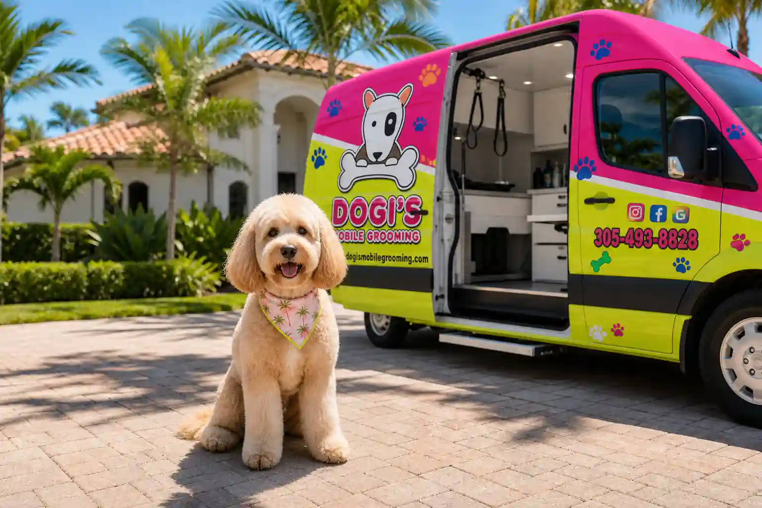 Freshly groomed dog beside a fully equipped mobile grooming van