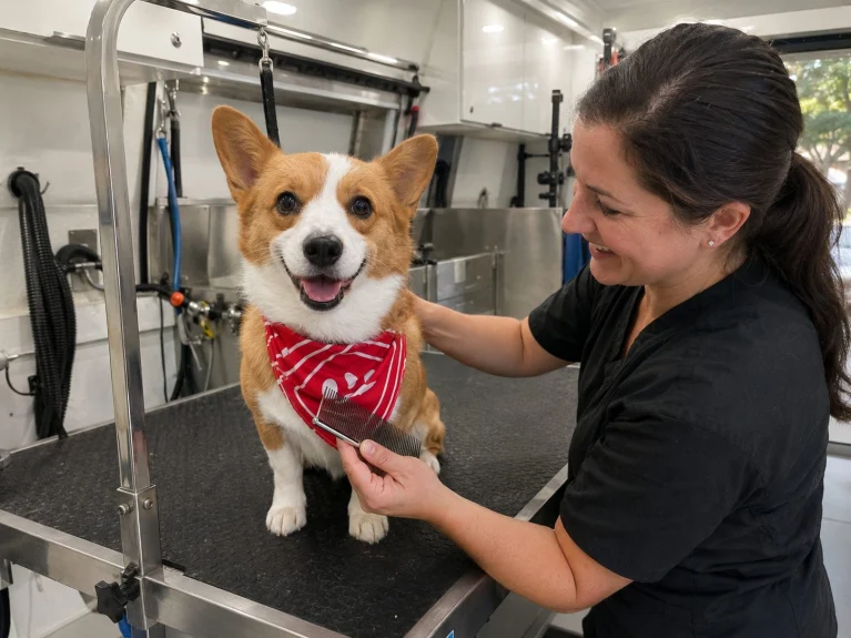 Groomer combing a Corgi in a red bandana on the grooming table inside the van