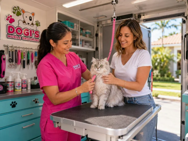 Groomer combing a long-haired silver cat on the grooming table inside the Dogi's Mobile Grooming van while its owner steadies it