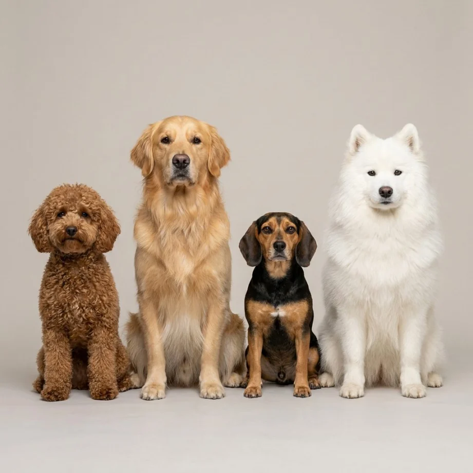 Various dogs with different coat textures