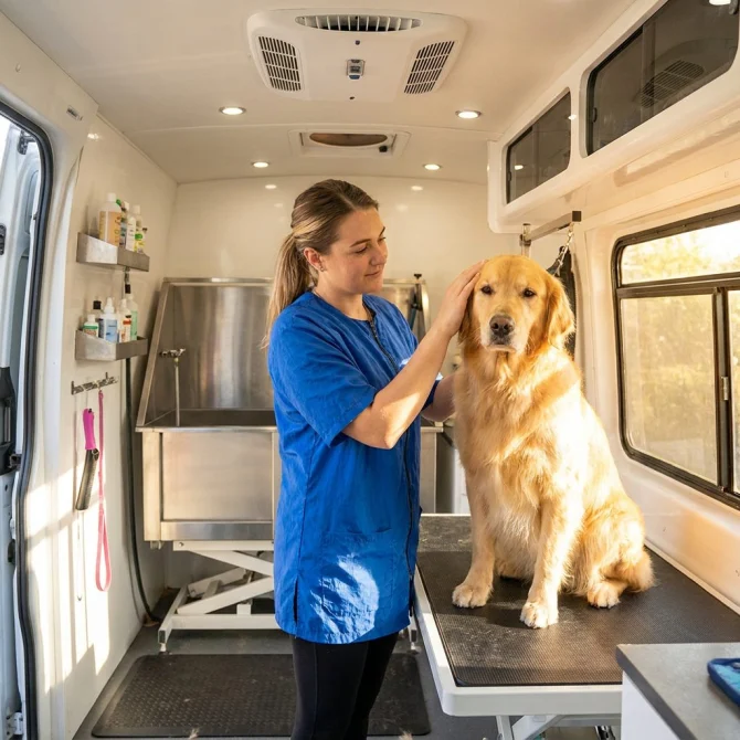 A groomer comforting a dog inside a mobile salon